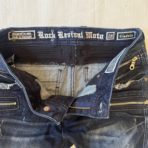 Rock Revival Moto Skinny Jeans Womens Size 28 Dark Wash Distressed Gold Zipper S - Picture 6 of 9